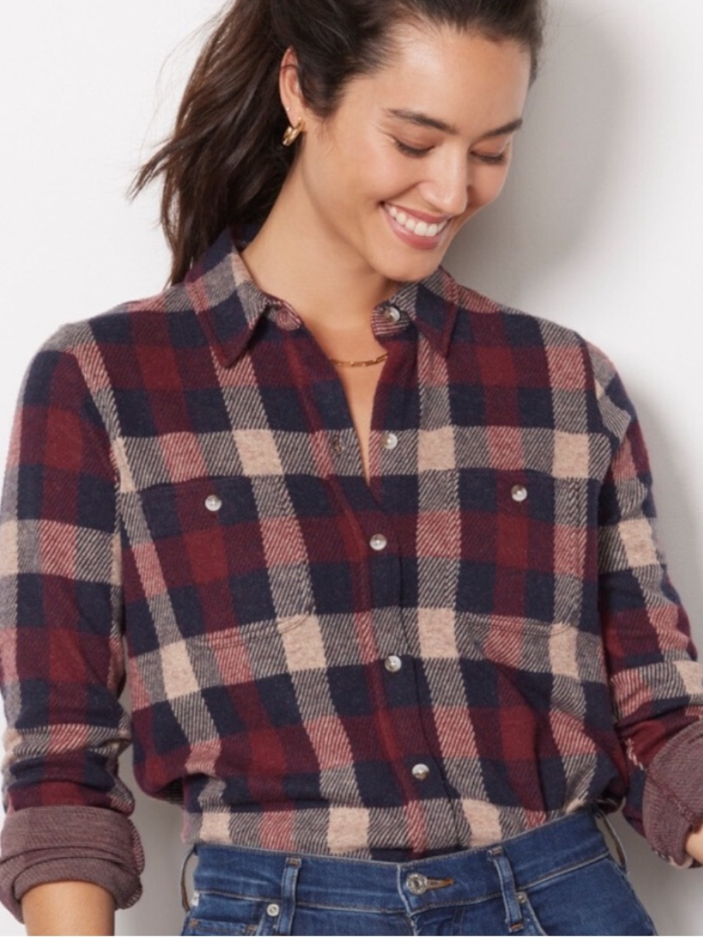 Faherty Legend sweater Burchfield plaid women’s shirt sz Medium cabin fall